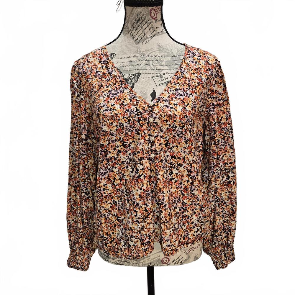 Old Navy Orange Women's Size M Floral Peasant Top Puffed Sleeves Smocked Cuffs